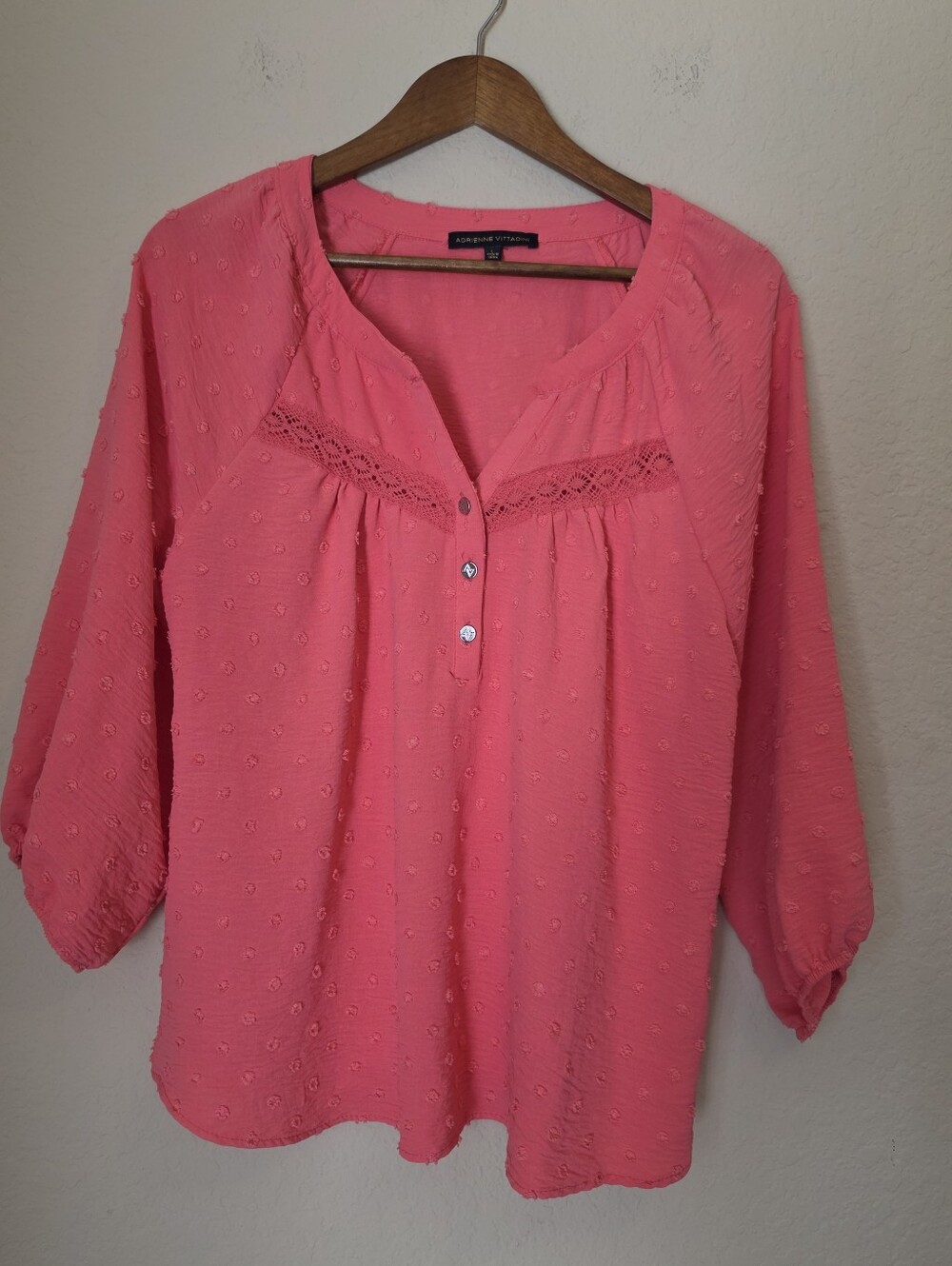 Adrienne Vittadini Swiss Dot Peasant Top Womens Sz Large Pink Crochet Boho Chic